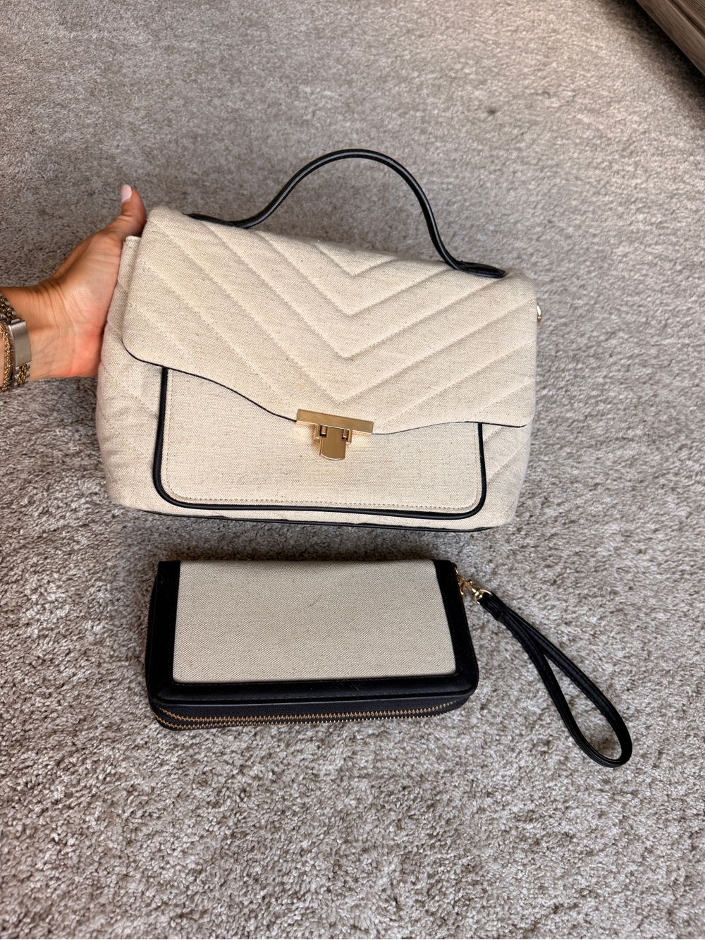 A New Day Quilted Canvas Top Handle Hand Bag & Matching Wallet Set
